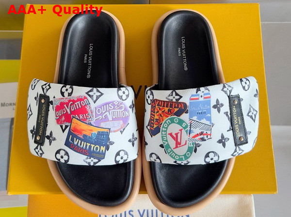 Louis Vuitton Pool Pillow Comfort Mule in White Nylon Printed with a Vintage Look Monogram Pattern and Colorful Travel Labels Replica