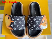 Louis Vuitton Pool Pillow Flat Comfort Mule in Black Monogram Nylon Printed with Colorful Animal Characters Replica