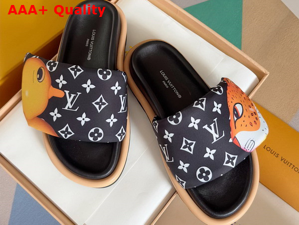 Louis Vuitton Pool Pillow Flat Comfort Mule in Black Monogram Nylon Printed with Colorful Animal Characters Replica