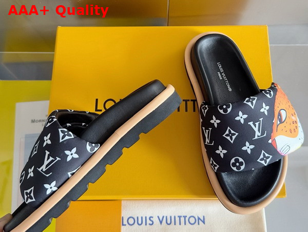 Louis Vuitton Pool Pillow Flat Comfort Mule in Black Monogram Nylon Printed with Colorful Animal Characters Replica