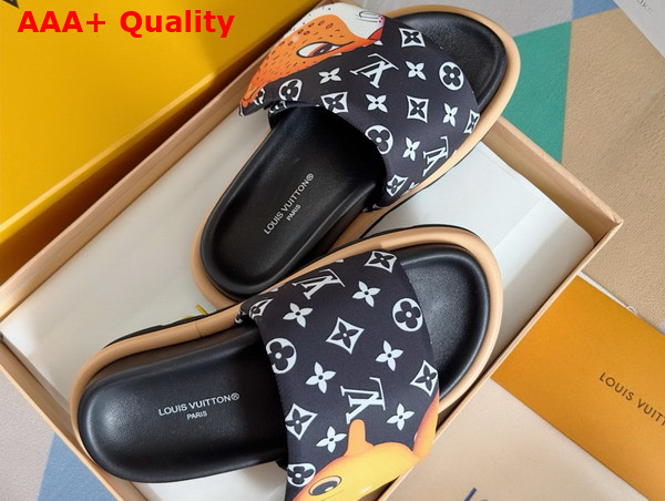 Louis Vuitton Pool Pillow Flat Comfort Mule in Black Monogram Nylon Printed with Colorful Animal Characters Replica