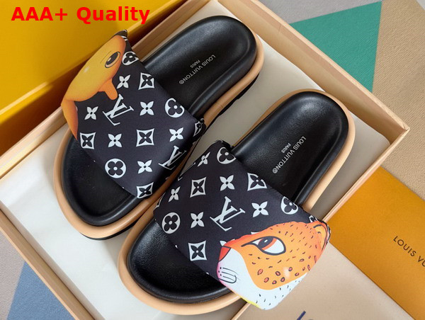 Louis Vuitton Pool Pillow Flat Comfort Mule in Black Monogram Nylon Printed with Colorful Animal Characters Replica