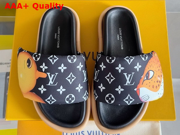 Louis Vuitton Pool Pillow Flat Comfort Mule in Black Monogram Nylon Printed with Colorful Animal Characters Replica