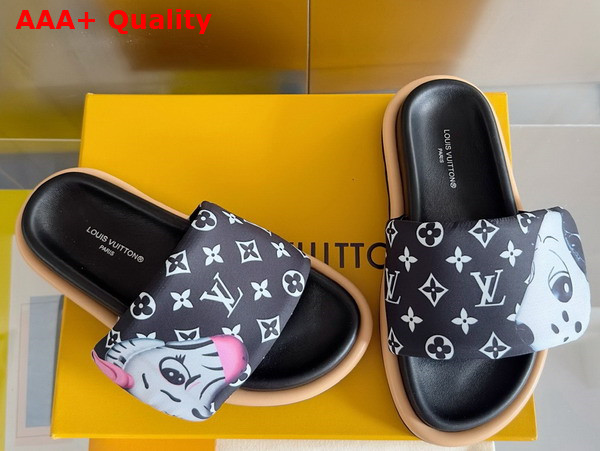 Louis Vuitton Pool Pillow Flat Comfort Mule in Black Monogram Nylon Printed with Cute Animal Characters Replica