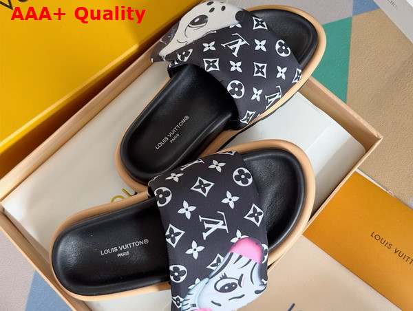 Louis Vuitton Pool Pillow Flat Comfort Mule in Black Monogram Nylon Printed with Cute Animal Characters Replica