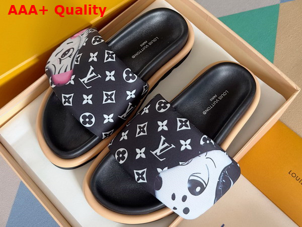 Louis Vuitton Pool Pillow Flat Comfort Mule in Black Monogram Nylon Printed with Cute Animal Characters Replica