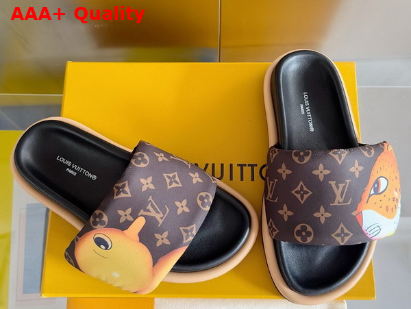 Louis Vuitton Pool Pillow Flat Comfort Mule in Brown Monogram Nylon Printed with Colorful Animal Characters 1AD3AQ Replica