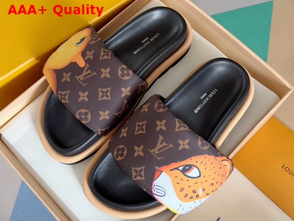 Louis Vuitton Pool Pillow Flat Comfort Mule in Brown Monogram Nylon Printed with Colorful Animal Characters 1AD3AQ Replica