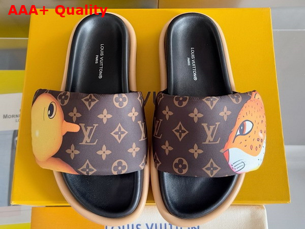 Louis Vuitton Pool Pillow Flat Comfort Mule in Brown Monogram Nylon Printed with Colorful Animal Characters 1AD3AQ Replica