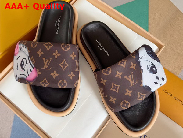 Louis Vuitton Pool Pillow Flat Comfort Mule in Brown Monogram Nylon Printed with Cute Animal Characters 1AD3AZ Replica