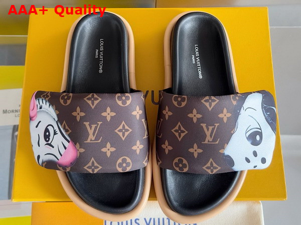 Louis Vuitton Pool Pillow Flat Comfort Mule in Brown Monogram Nylon Printed with Cute Animal Characters 1AD3AZ Replica