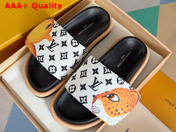 Louis Vuitton Pool Pillow Flat Comfort Mule in White Monogram Nylon Printed with Colorful Animal Characters Replica