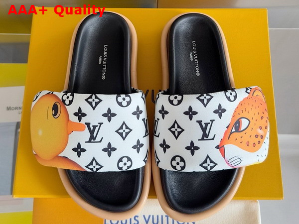 Louis Vuitton Pool Pillow Flat Comfort Mule in White Monogram Nylon Printed with Colorful Animal Characters Replica