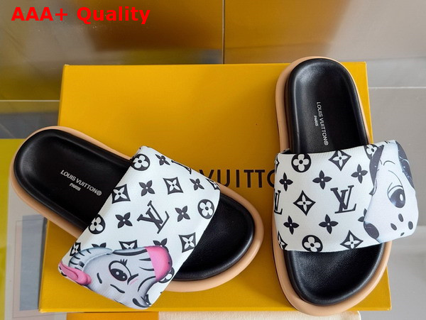 Louis Vuitton Pool Pillow Flat Comfort Mule in White Monogram Nylon Printed with Cute Animal Characters Replica