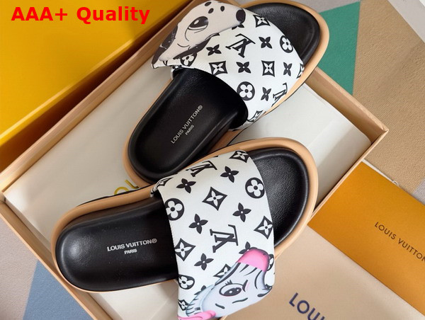 Louis Vuitton Pool Pillow Flat Comfort Mule in White Monogram Nylon Printed with Cute Animal Characters Replica