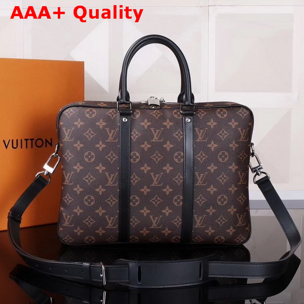 Louis Vuitton Porte Documents Voyage PM Monogram Macassar Canvas and Black Cowhide Leather M52005 Replica