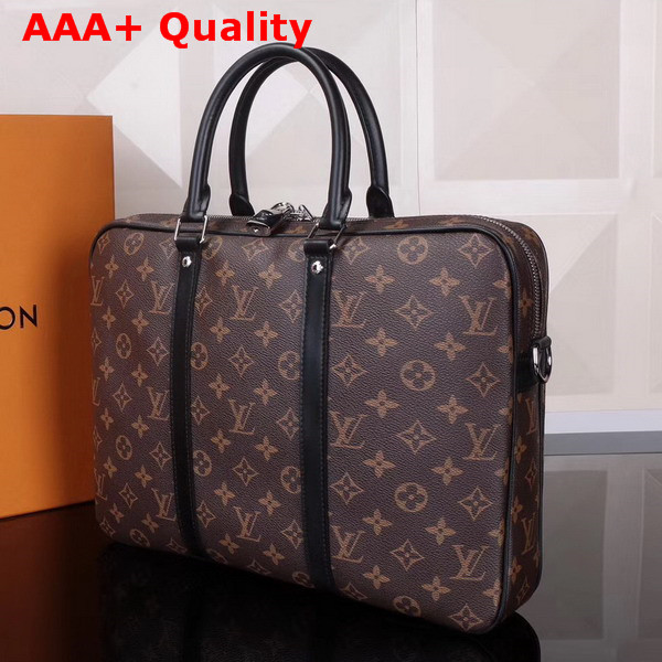 Louis Vuitton Porte Documents Voyage PM Monogram Macassar Canvas and Black Cowhide Leather M52005 Replica