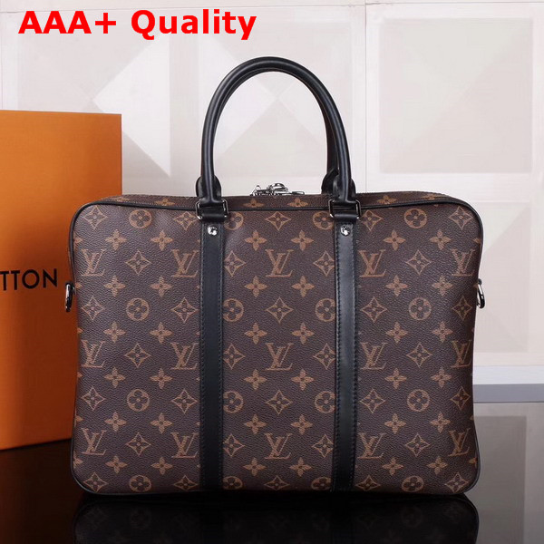 Louis Vuitton Porte Documents Voyage PM Monogram Macassar Canvas and Black Cowhide Leather M52005 Replica