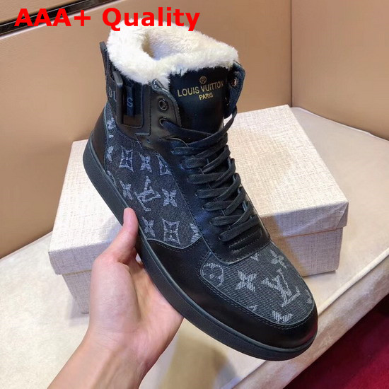 Louis Vuitton Rivoli Sneaker Boot in Black Calf Leather and Monogram Denim with Sheepskin Inside Replica