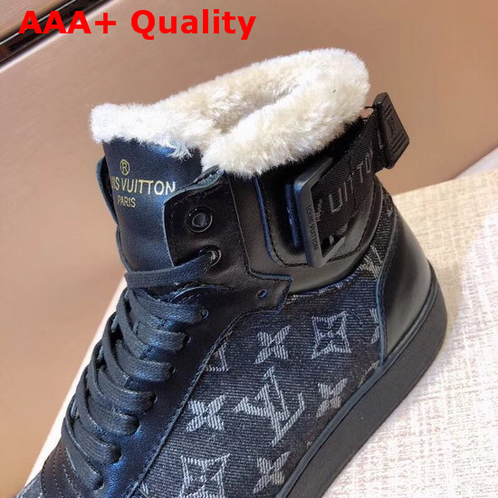 Louis Vuitton Rivoli Sneaker Boot in Black Calf Leather and Monogram Denim with Sheepskin Inside Replica