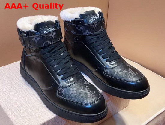 Louis Vuitton Rivoli Sneaker Boot in Black Calf Leather and Monogram Eclipse Canvas with Sheepskin Inside Replica