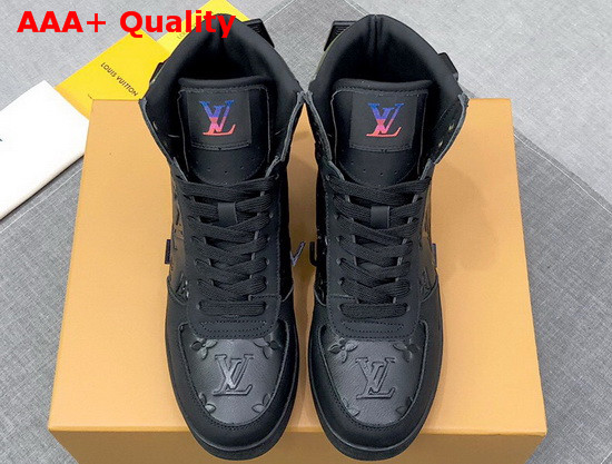 Louis Vuitton Rivoli Sneaker Boot in Black Monogram Embossed Grained Calf Leather and Iridescent Textile on the Back and Sides 1A7S6V Replica