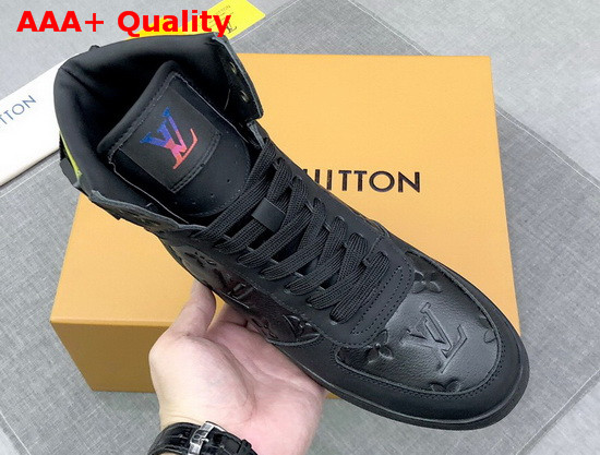 Louis Vuitton Rivoli Sneaker Boot in Black Monogram Embossed Grained Calf Leather and Iridescent Textile on the Back and Sides 1A7S6V Replica