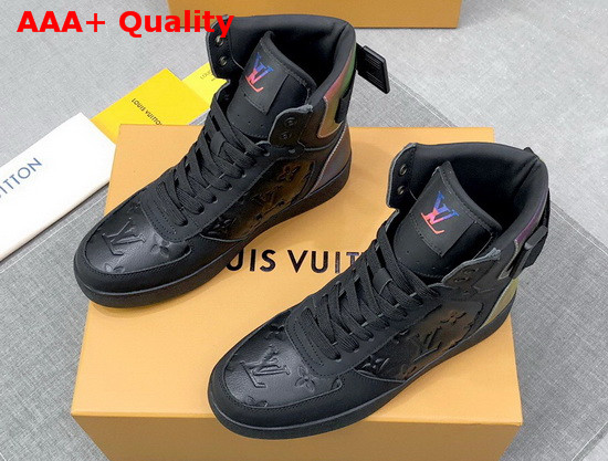 Louis Vuitton Rivoli Sneaker Boot in Black Monogram Embossed Grained Calf Leather and Iridescent Textile on the Back and Sides 1A7S6V Replica