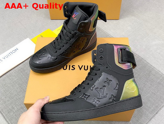 Louis Vuitton Rivoli Sneaker Boot in Black Monogram Embossed Grained Calf Leather and Iridescent Textile on the Back and Sides 1A7S6V Replica