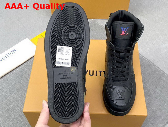 Louis Vuitton Rivoli Sneaker Boot in Black Monogram Embossed Grained Calf Leather and Iridescent Textile on the Back and Sides 1A7S6V Replica