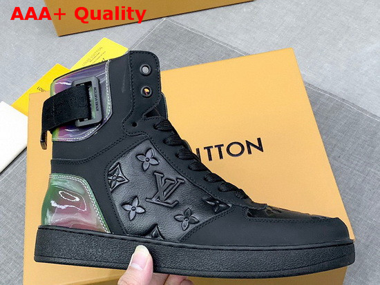 Louis Vuitton Rivoli Sneaker Boot in Black Monogram Embossed Grained Calf Leather and Iridescent Textile on the Back and Sides 1A7S6V Replica