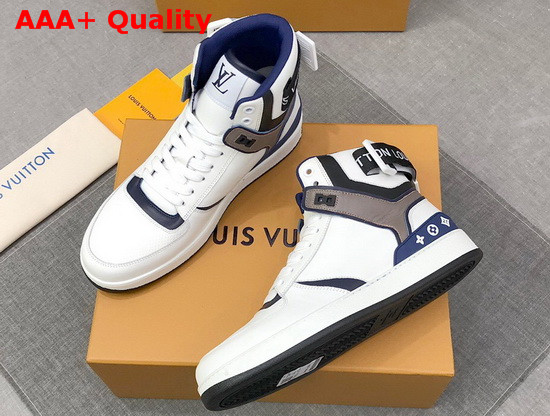 Louis Vuitton Rivoli Sneaker Boot in Supple White Calf Leather with Contrasting Blue and Gray Trim Replica