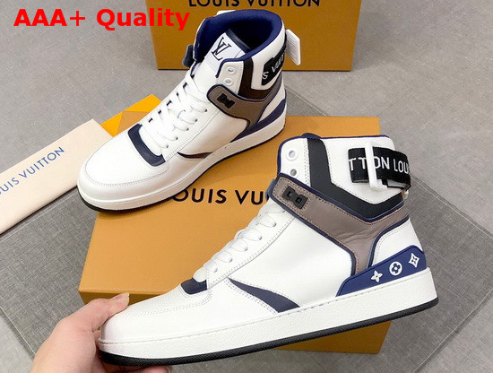 Louis Vuitton Rivoli Sneaker Boot in Supple White Calf Leather with Contrasting Blue and Gray Trim Replica