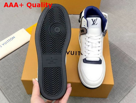 Louis Vuitton Rivoli Sneaker Boot in Supple White Calf Leather with Contrasting Blue and Gray Trim Replica