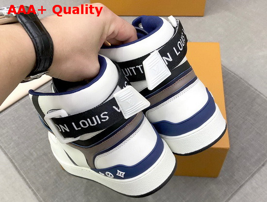 Louis Vuitton Rivoli Sneaker Boot in Supple White Calf Leather with Contrasting Blue and Gray Trim Replica