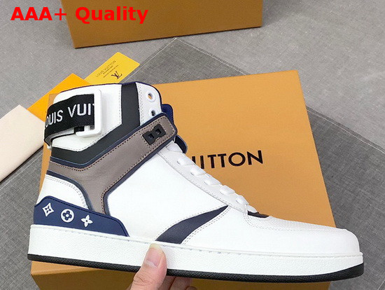 Louis Vuitton Rivoli Sneaker Boot in Supple White Calf Leather with Contrasting Blue and Gray Trim Replica