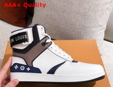 Louis Vuitton Rivoli Sneaker Boot in Supple White Calf Leather with Contrasting Blue and Gray Trim for Women Replica