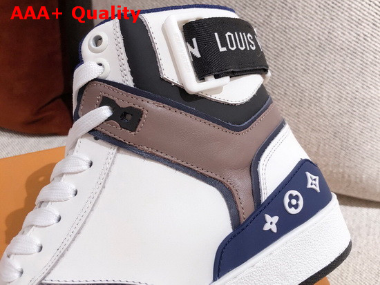 Louis Vuitton Rivoli Sneaker Boot in Supple White Calf Leather with Contrasting Blue and Gray Trim for Women Replica