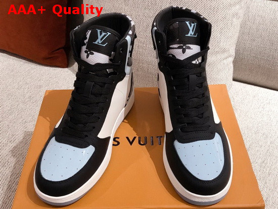 Louis Vuitton Rivoli Sneaker Boot in Supple White Calf Leather with Contrasting Light Blue and Black Trim for Women Replica