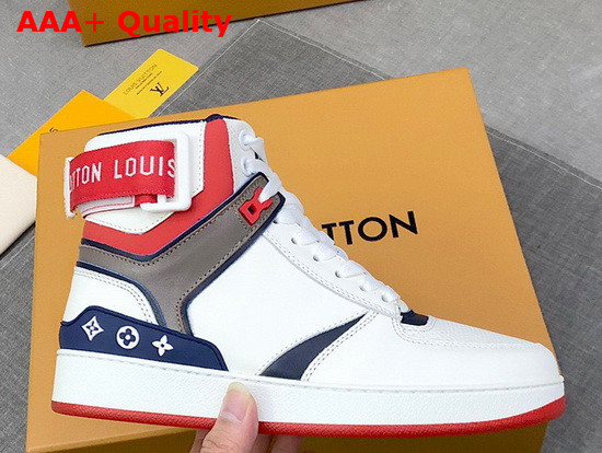 Louis Vuitton Rivoli Sneaker Boot in Supple White Calf Leather with Contrasting Red and Gray Trim 1A5YM6 Replica