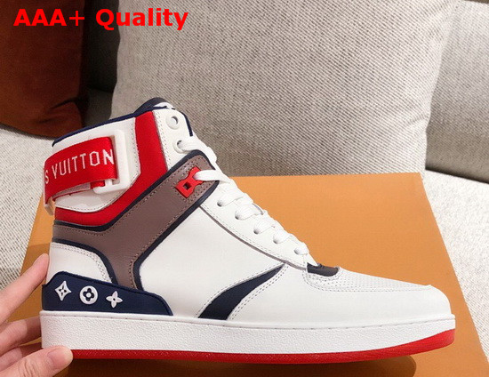 Louis Vuitton Rivoli Sneaker Boot in Supple White Calf Leather with Contrasting Red and Gray Trim for Women Replica