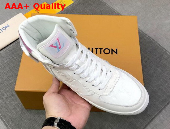 Louis Vuitton Rivoli Sneaker Boot in White Monogram Embossed Grained Calf Leather and Iridescent Textile on the Back and Sides 1A7S6D Replica