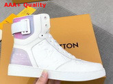 Louis Vuitton Rivoli Sneaker Boot in White Monogram Embossed Grained Calf Leather and Iridescent Textile on the Back and Sides 1A7S6D Replica