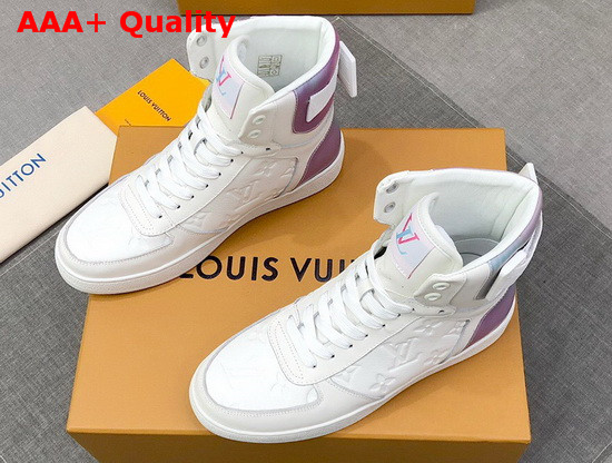 Louis Vuitton Rivoli Sneaker Boot in White Monogram Embossed Grained Calf Leather and Iridescent Textile on the Back and Sides 1A7S6D Replica