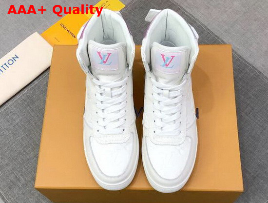 Louis Vuitton Rivoli Sneaker Boot in White Monogram Embossed Grained Calf Leather and Iridescent Textile on the Back and Sides 1A7S6D Replica