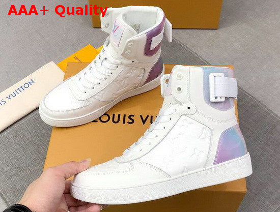 Louis Vuitton Rivoli Sneaker Boot in White Monogram Embossed Grained Calf Leather and Iridescent Textile on the Back and Sides 1A7S6D Replica