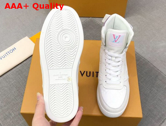 Louis Vuitton Rivoli Sneaker Boot in White Monogram Embossed Grained Calf Leather and Iridescent Textile on the Back and Sides 1A7S6D Replica