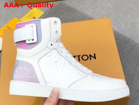 Louis Vuitton Rivoli Sneaker Boot in White Monogram Embossed Grained Calf Leather and Iridescent Textile on the Back and Sides 1A7S6D Replica