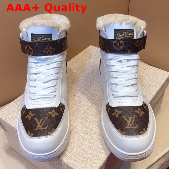 Louis Vuitton Rivoli Sneaker Boot in White Plain Calf Leather and Monogram Canvas with Sheepskin Inside Replica