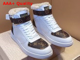 Louis Vuitton Rivoli Sneaker Boot in White Plain Calf Leather and Monogram Canvas with Sheepskin Inside Replica